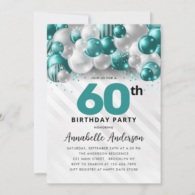 Teal Green Silver Balloon Glitter 60th Birthday Invitation (Front)