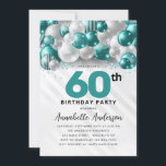 Teal Green Silver Balloon Glitter 60th Birthday Invitation<br><div class="desc">Modern Glam Teal Green Silver Balloon Glitter Sparkle Any Age Birthday Invitation</div>