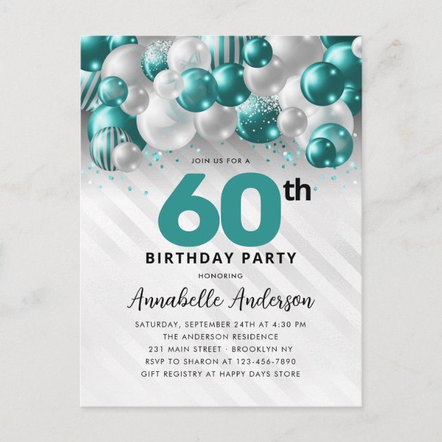 Teal Green Silver Balloon Glitter 60th Birthday  Postcard (Front)