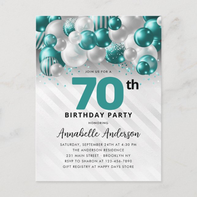 Teal Green Silver Balloon Glitter 70th Birthday  Postcard (Front)