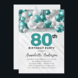 Teal Green Silver Balloon Glitter 80th Birthday Invitation<br><div class="desc">Modern Glam Teal Green Silver Balloon Glitter Sparkle Any Age Birthday Invitation</div>