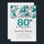Teal Green Silver Balloon Glitter 80th Birthday Invitation<br><div class="desc">Modern Glam Teal Green Silver Balloon Glitter Sparkle Any Age Birthday Invitation</div>