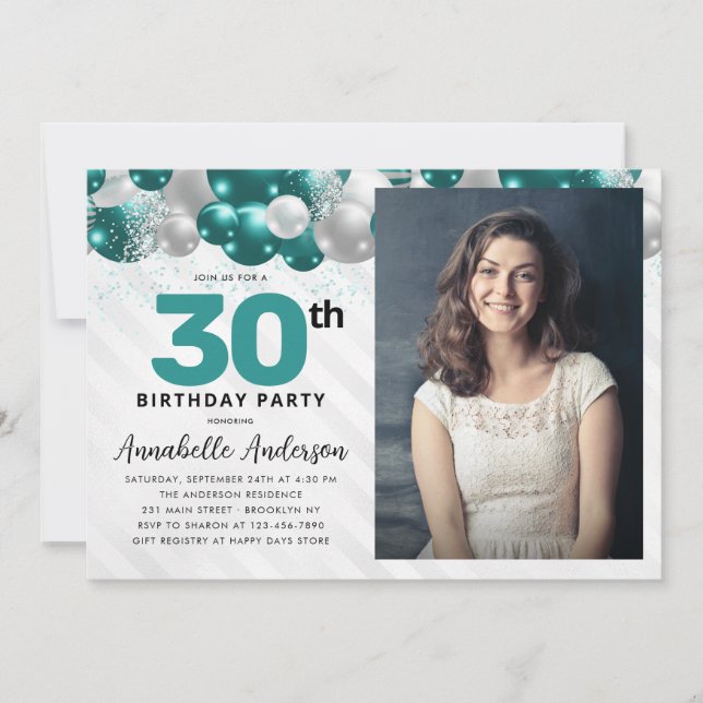 Teal Green Silver Balloon Glitter Photo Birthday Invitation (Front)