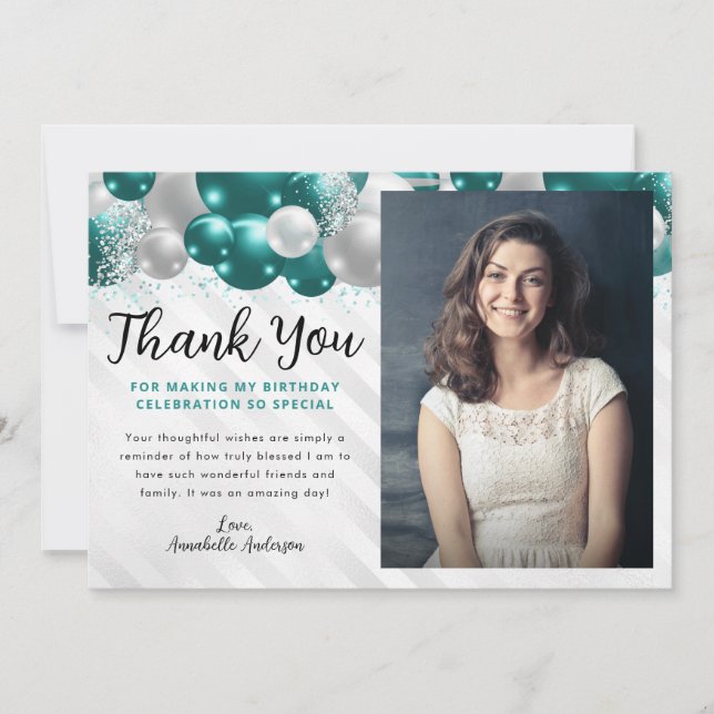 Teal Green Silver Balloon Glitter Photo Birthday Thank You Card (Front)
