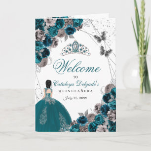 Teal Green Silver Butterfly Quinceanera Program Invitation