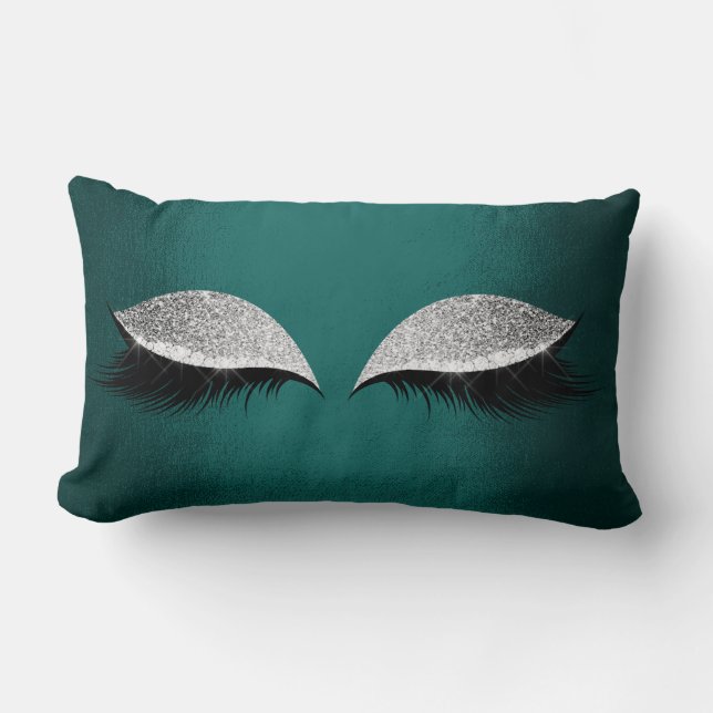 Teal Green Silver Glitter Black Glam Makeup Lashes Lumbar Cushion (Front)