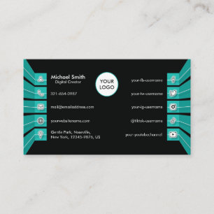 Teal Green Social Media Icons Minimalistic Modern Business Card