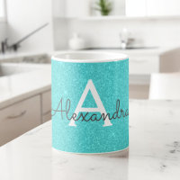 Teal Green Sparkle Glitter Monogram Name