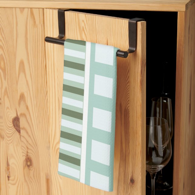 Teal Green Square Stripes  Tea Towel (Thirds Fold)