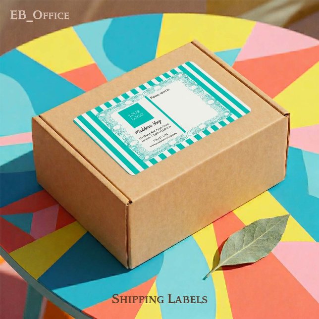 Teal Green Stripes & Curly Frame & Logo (Chic Teal & White Stripes with Logo.
Size: 3.75” L x 2” W - Eight labels per sheet
)