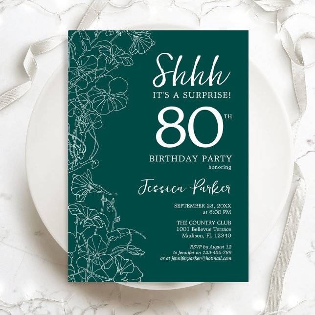 Teal Green Surprise 80th Birthday Invitation (Creator Uploaded)