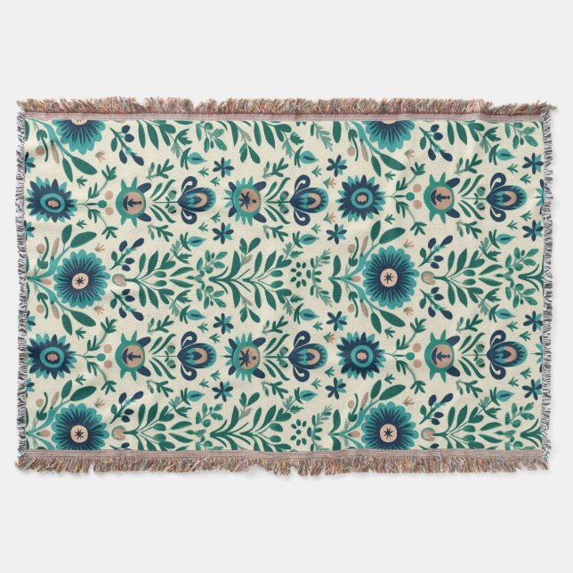 Teal Green Swedish Folk Art Pattern Throw Blanket (Front)