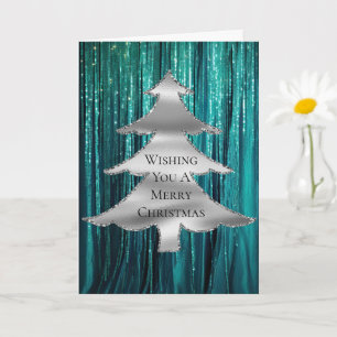 Teal Green Tinsel Silver Christmas Tree Card