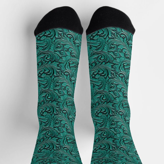 Teal green tooled embossed leather floral cowgirl socks (Top)