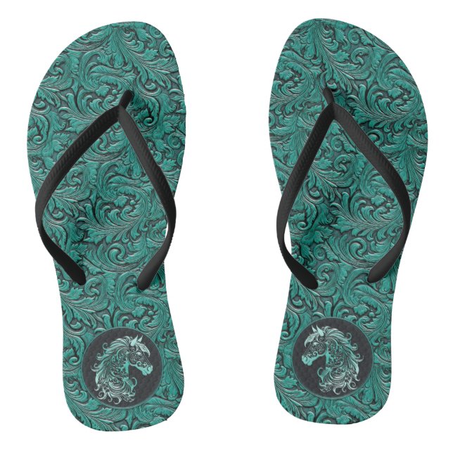 Teal green tooled embossed leather horse cowgirl flip flops (Footbed)