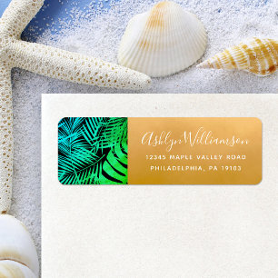 Teal green tropical palm leaf script gold address