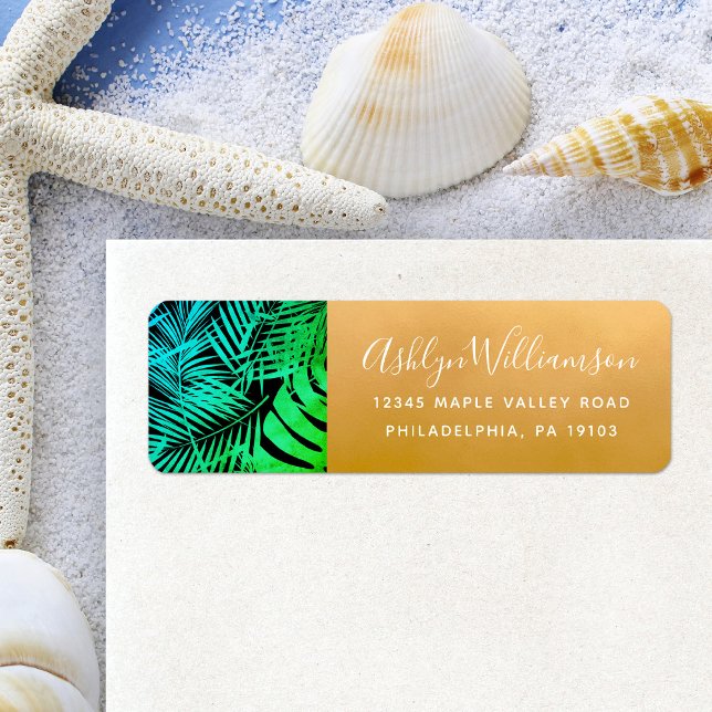 Teal green tropical palm leaf script gold address (Creator Uploaded)