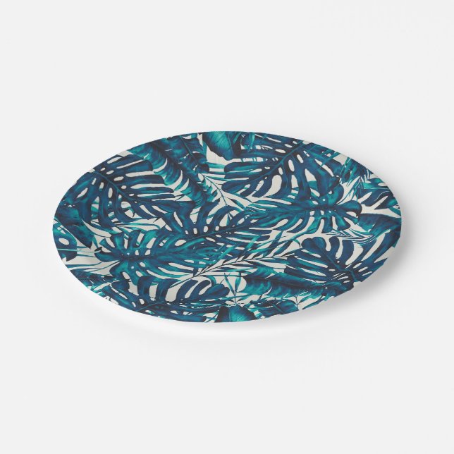 Teal Green Tropical Palm Leaves Summer Wedding Paper Plate (Angled)