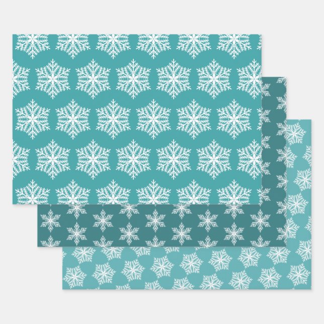 Teal Green Turquoise & White Snowflakes Christmas Wrapping Paper Sheet (Set)