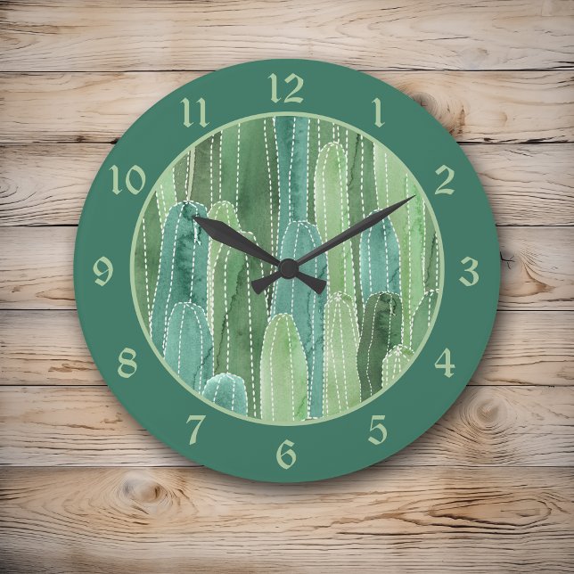 Teal Green Watercolor Cacti Pattern Large Clock (Creator Uploaded)
