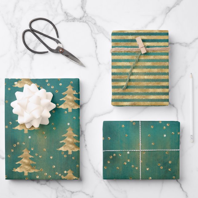 Teal Green Watercolor Gold Christmas Tree   Wrapping Paper Sheet (Front)