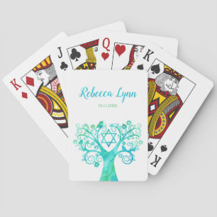 Teal Green Watercolor Tree of Life Bat Mitzvah Playing Cards
