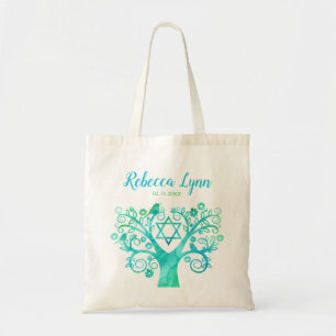 Teal Green Watercolor Tree of Life Bat Mitzvah Tote Bag