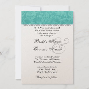 Teal Green Wedding Damask Champagne Metallic Paper Invitation