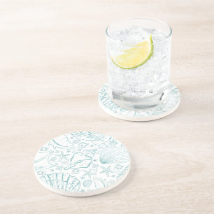 Teal Green White Beachy Seashells Coaster