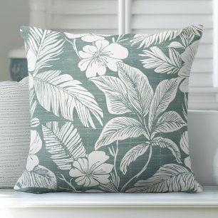 Teal Green & White Coastal Floral Throw Pillow