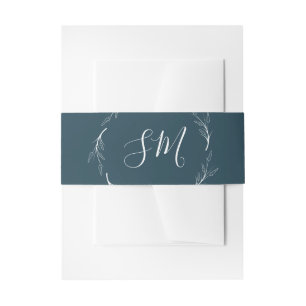 Teal Green White Leaf Foliage Monogram Invitation Belly Band