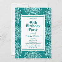 Teal Green & White Mandala Flower 40th Birthday