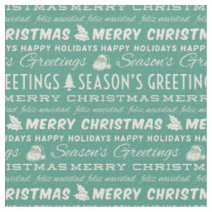 Teal Green White Merry Christmas Retro Typography Fabric