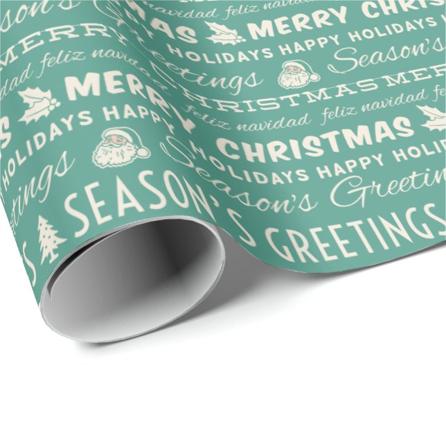 Teal Green White Merry Christmas Retro Typography Wrapping Paper (Roll Corner)
