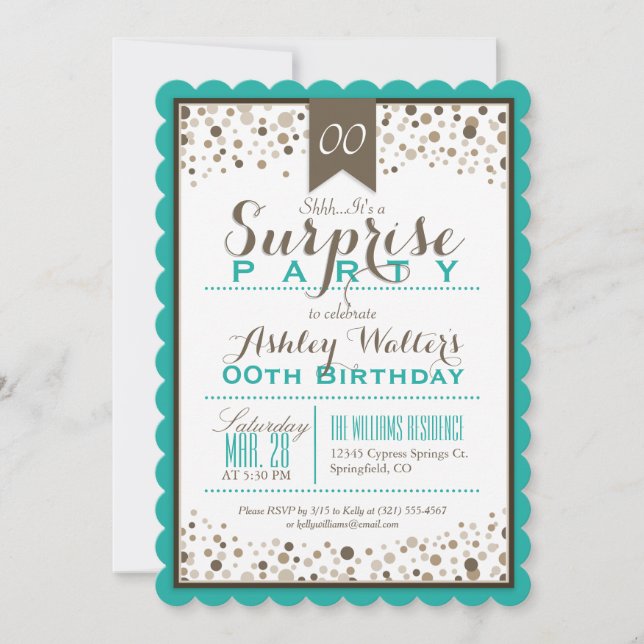 Teal Green, White, Taupe Surprise Party Invitation (Front)