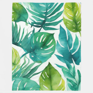 Teal Green White Tropical Leaves Fleece Blanket