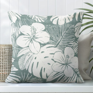 Teal Green & White Tropical Throw Pillow
