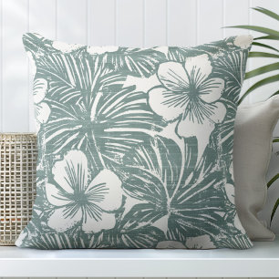 Teal Green & White Tropical Throw Pillow