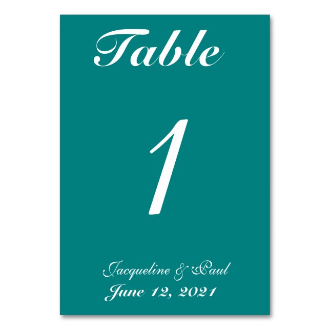Teal Green White Wedding Table No. Cards (Front)