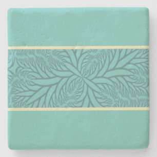 Teal Green With Middle Band of Abstract Leaves Stone Coaster