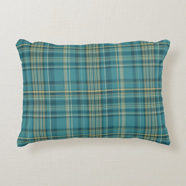 Teal Green Yellow Beige Plaid Tartan Pattern Decorative Cushion (Front)
