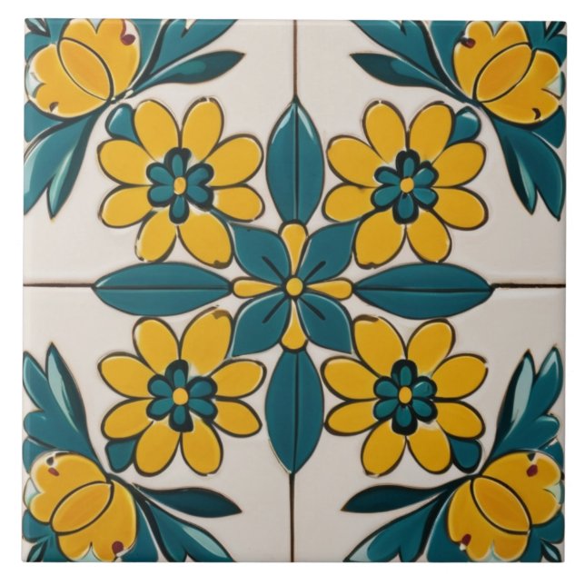 Teal Green & Yellow Flowers Geometric Floral Tile (Front)