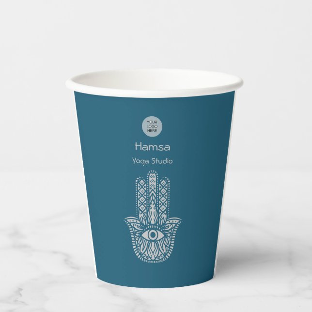 Teal Green Yoga Studio Hamsa Customisable Paper Cups (Front)