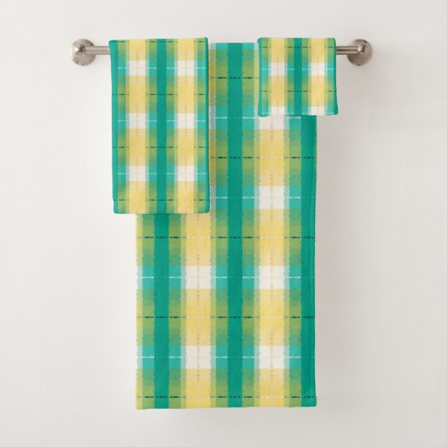 Teal Green Yolk Yellow White Striped Pattern  Bath Towel Set (Insitu)