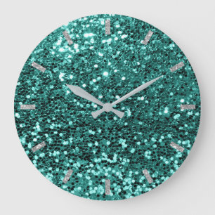 Teal Greenery Aqua Sparkly Faux Glitter Grey Glam Large Clock