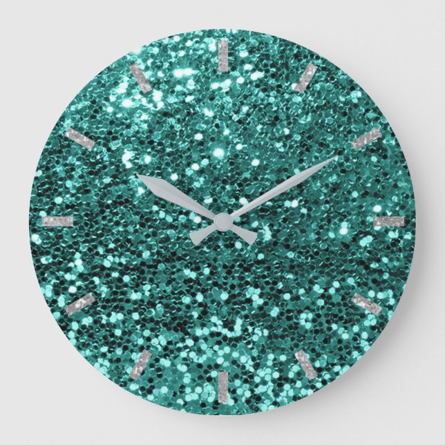 Teal Greenery Aqua Sparkly Faux Glitter Grey Glam Large Clock (Front)