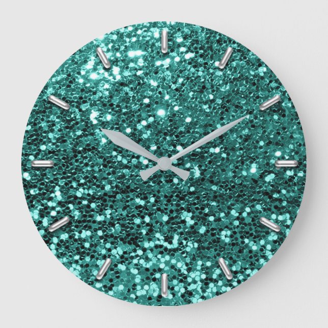 Teal Greenery Aqua Sparkly Faux Glitter Grey Glam Large Clock (Front)