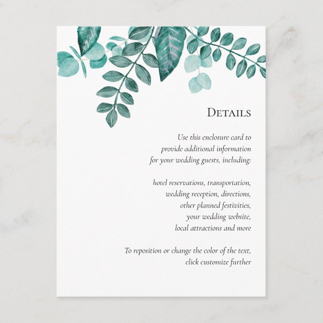 Teal Greenery Details Wedding Other Information Enclosure Card (Front)