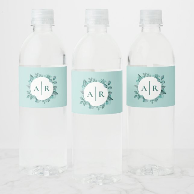 Teal Greenery Leaves Wedding Monogram Water Bottle Label (Bottles)