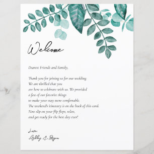 Teal Greenery Wedding Welcome Letter & Itinerary 